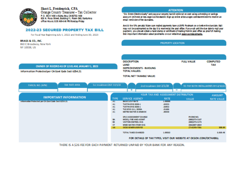 County of Orange California property tax business bill, SCR PSD template
